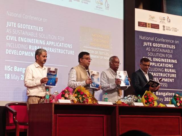 Glimpses of National Conference on ‘Jute Geotextiles as Sustainable Solution in Civil Engineering Applications including Rural Infrastructure Development', held on 18th May 2023 at Sathish Dhawan Auditorium, IISc Bangalore