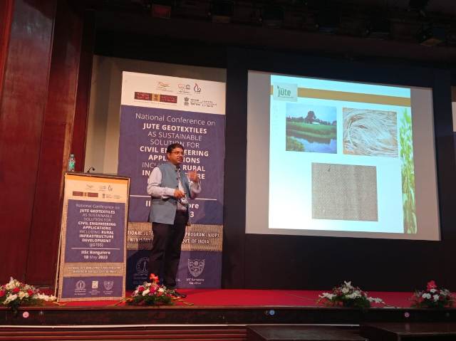 Glimpses of National Conference on ‘Jute Geotextiles as Sustainable Solution in Civil Engineering Applications including Rural Infrastructure Development', held on 18th May 2023 at Sathish Dhawan Auditorium, IISc Bangalore